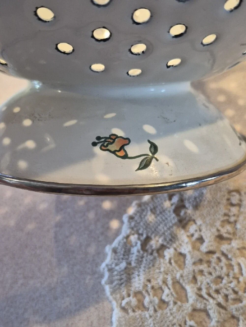 Vintage Floral Enamel Colander with Handles